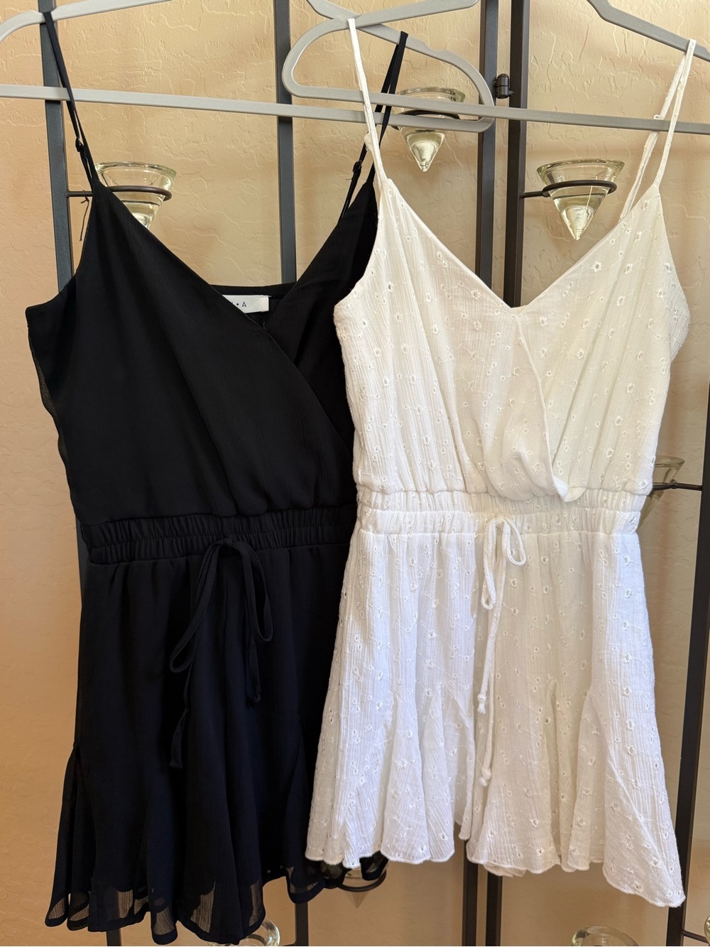 Spaghetti-Strap Romper with Tie Waist Set of 2 in Black and White Size Small